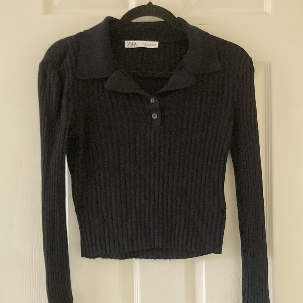Zara Long Sleeved Collared Ribbed Polo Shirt, size S, Black